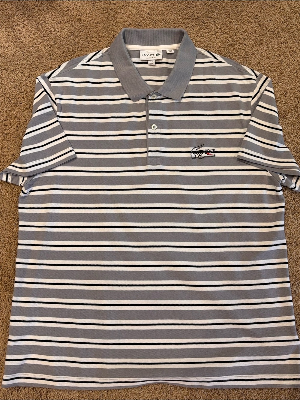 Lacoste Men's Grey and White Striped Polo with Crocodile, size XXL